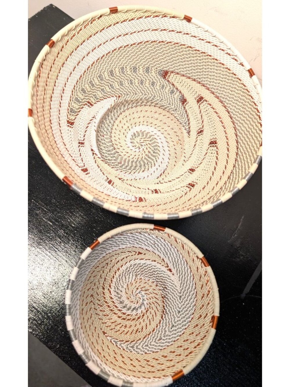 Pair Handwoven South African Zulu Wire Baskets, White Sand, Small & Medium